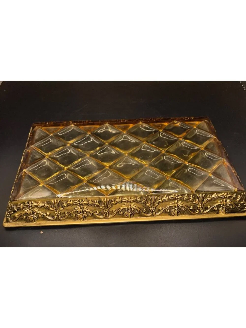Vintage GoldTone Lucite Vanity Tray Quilted Diamond Pattern Ornate Floral Border